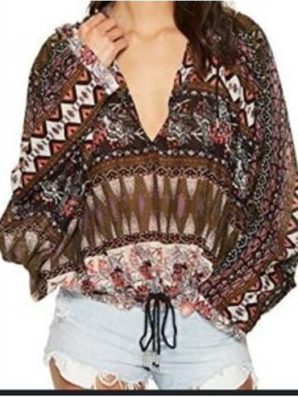 Free People Hold On Tight Boho Hoodie M Mixed Print Drawstring Hem Top